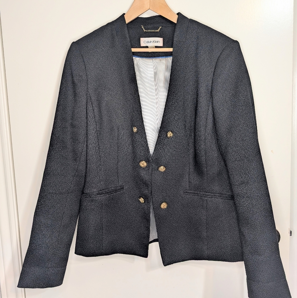 Calvin Klein Women’s Double Breasted Blazer Size 14 Navy Gold Buttons